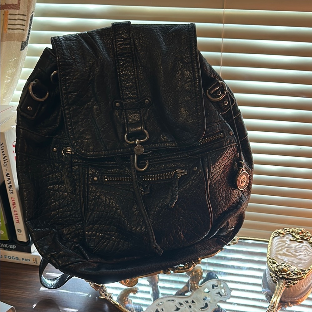 Trendy Black Leather Backpack with Drawstring